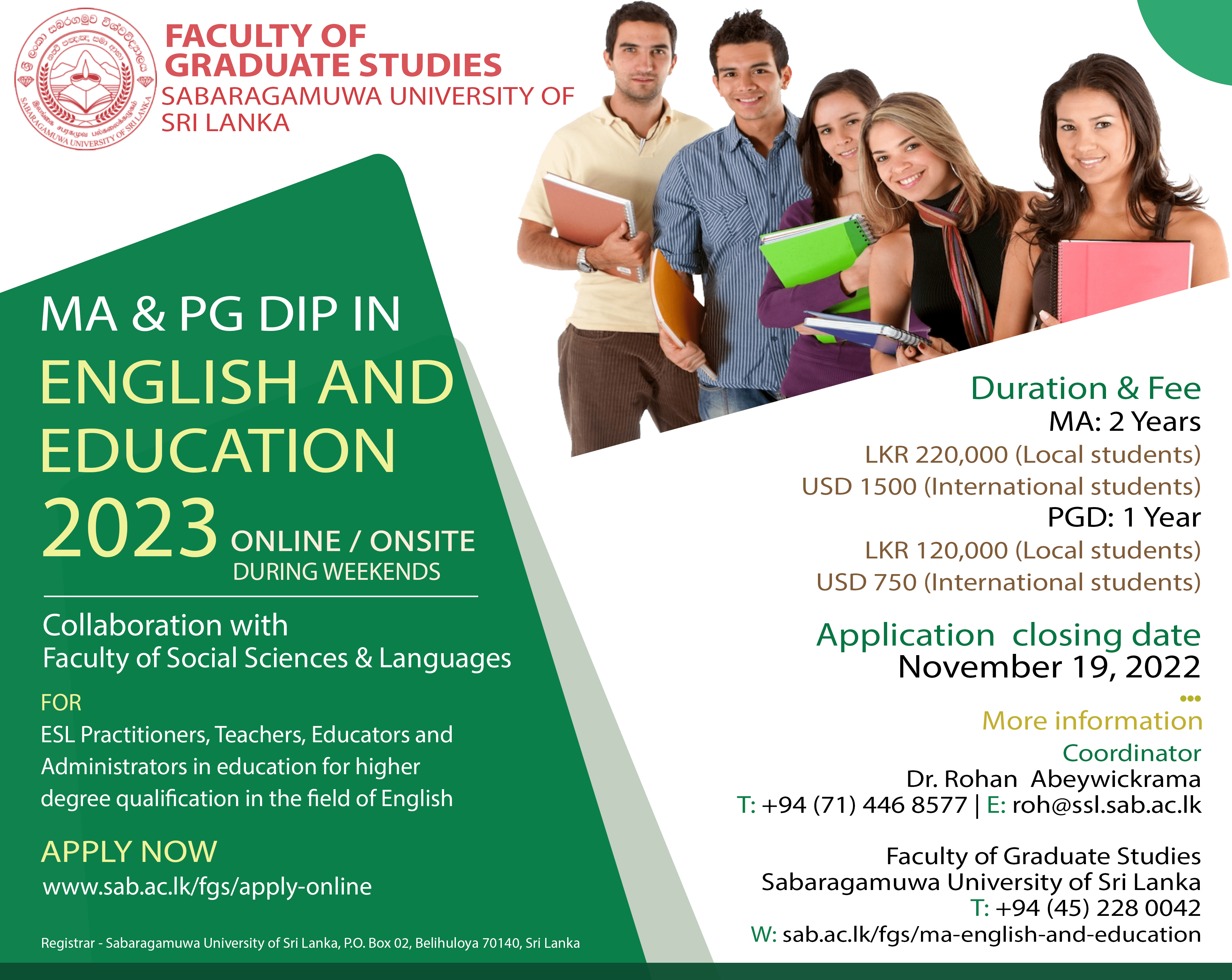 MA PGD In English Education Advertisement 2023 SUSL
